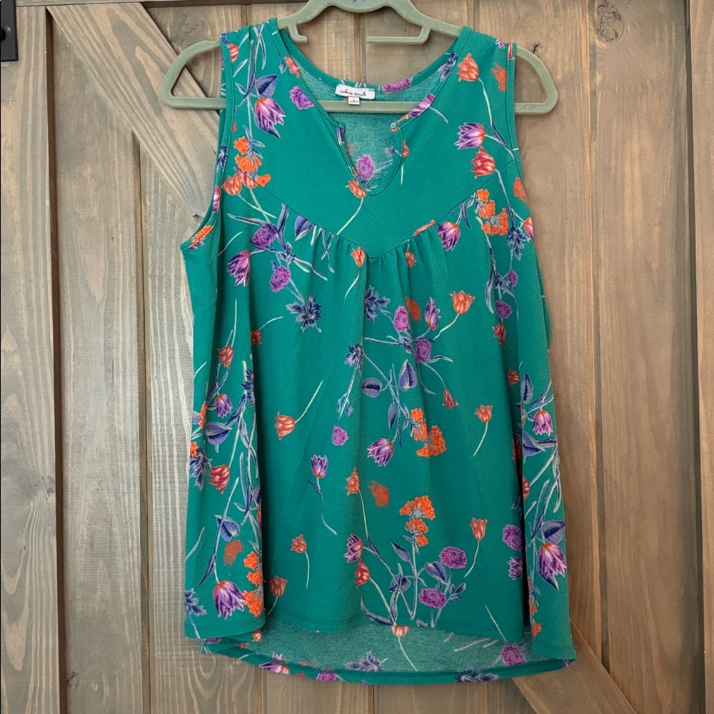 White Birch Teal Floral Sleeveless Top L GUC